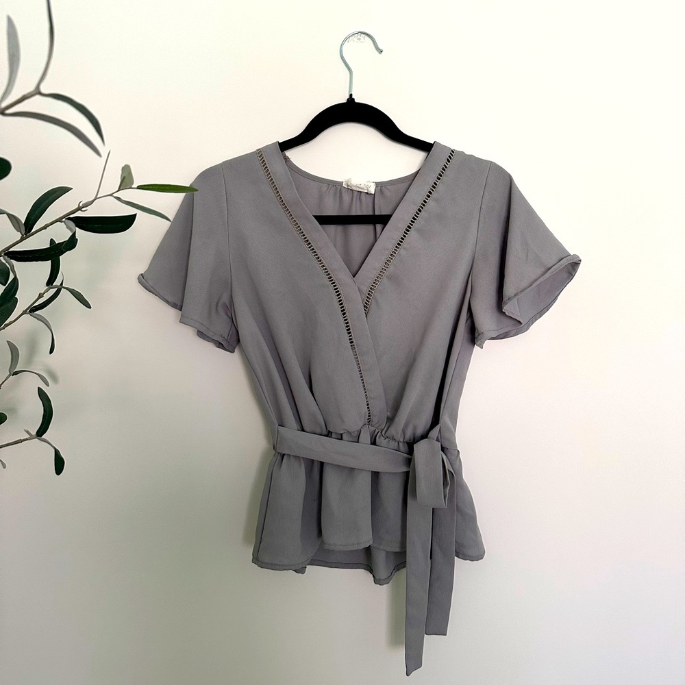 Sage neutral green wrap front blouse